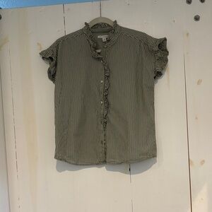 Striped Free Assembly ruffle neck and sleeve button-down shirt.